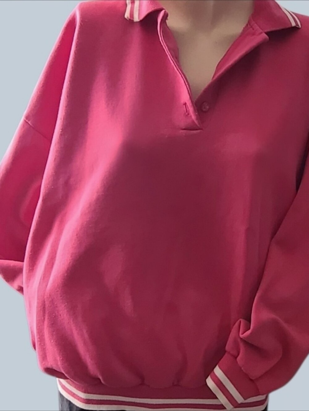 💣 Vintage 80s 90s Hot Pink Collared Polo Pullover Sweatshirt with Pockets XL